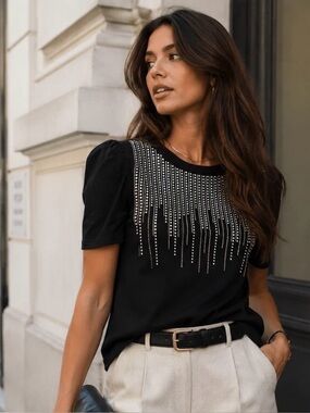 Rhinestone Detailed Tee NWT | Large • Black • Short Sleeve Cotton Top